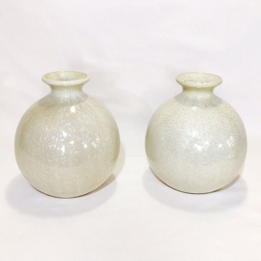 Pair Of Handmade Crystalline Glazed Weed Pots Bud Vases Neutral Decor 5.25”